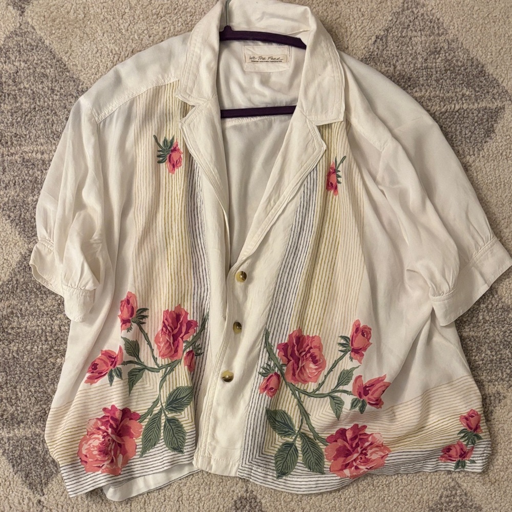 We The Free White Button Down with Pink Floral Design